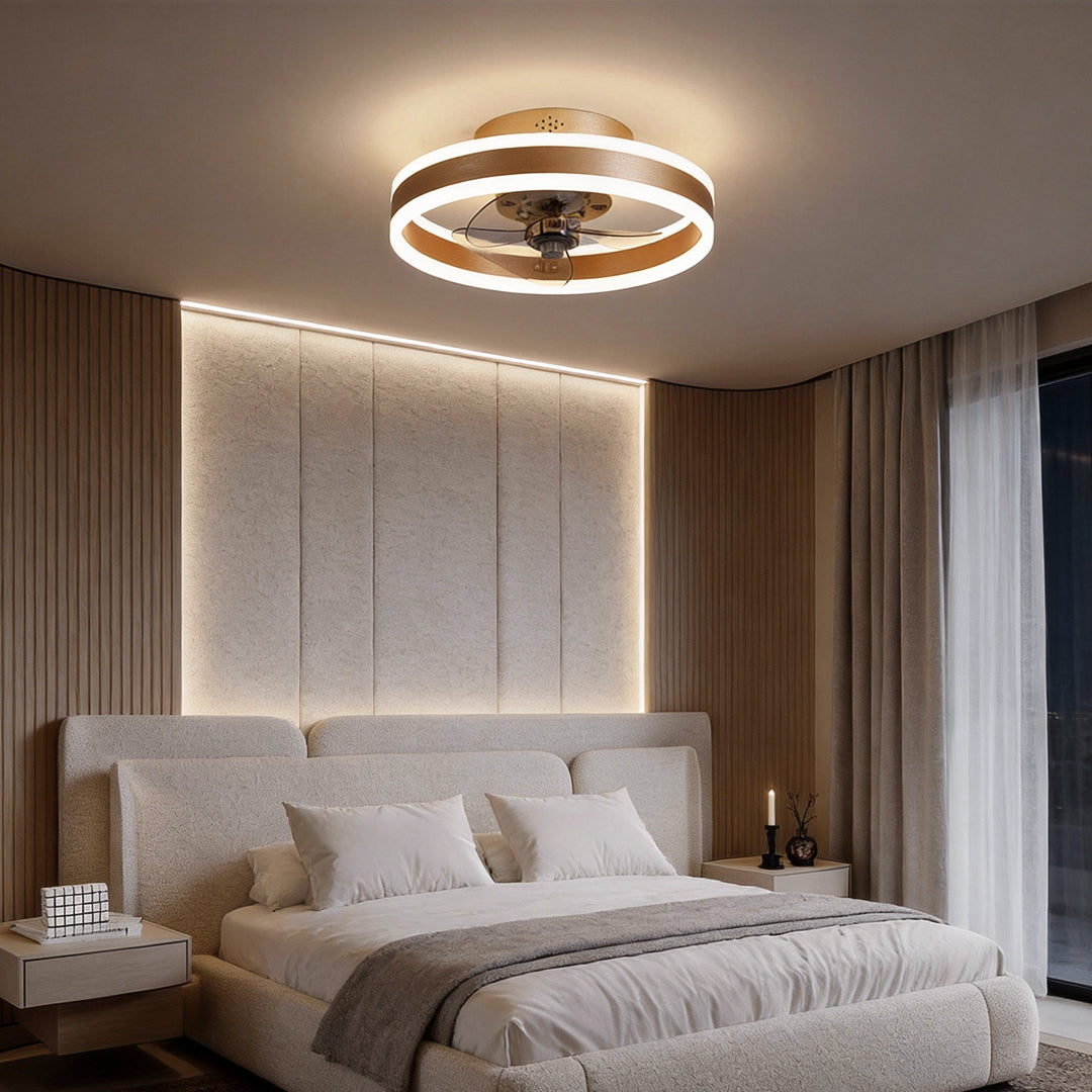 DC ceiling fan with LED light in gold, dimmable 2700K-6500K, modern flush mount design