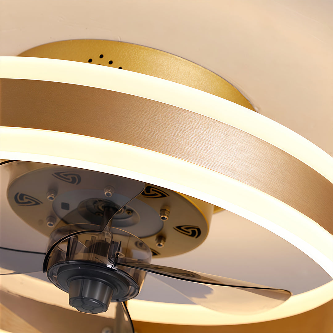 DC ceiling fan with LED light in gold, dimmable 2700K-6500K, modern flush mount design