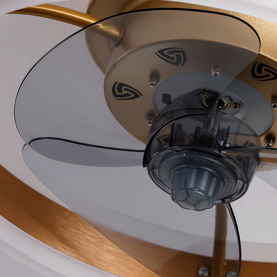 DC ceiling fan with LED light in gold, dimmable 2700K-6500K, modern flush mount design