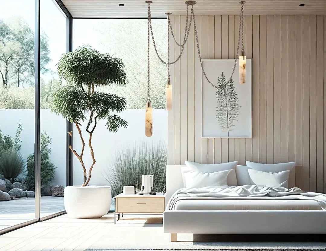 Art Deco Pendant Lamp | Alabaster Shade, Gold Chain, Dimmable
