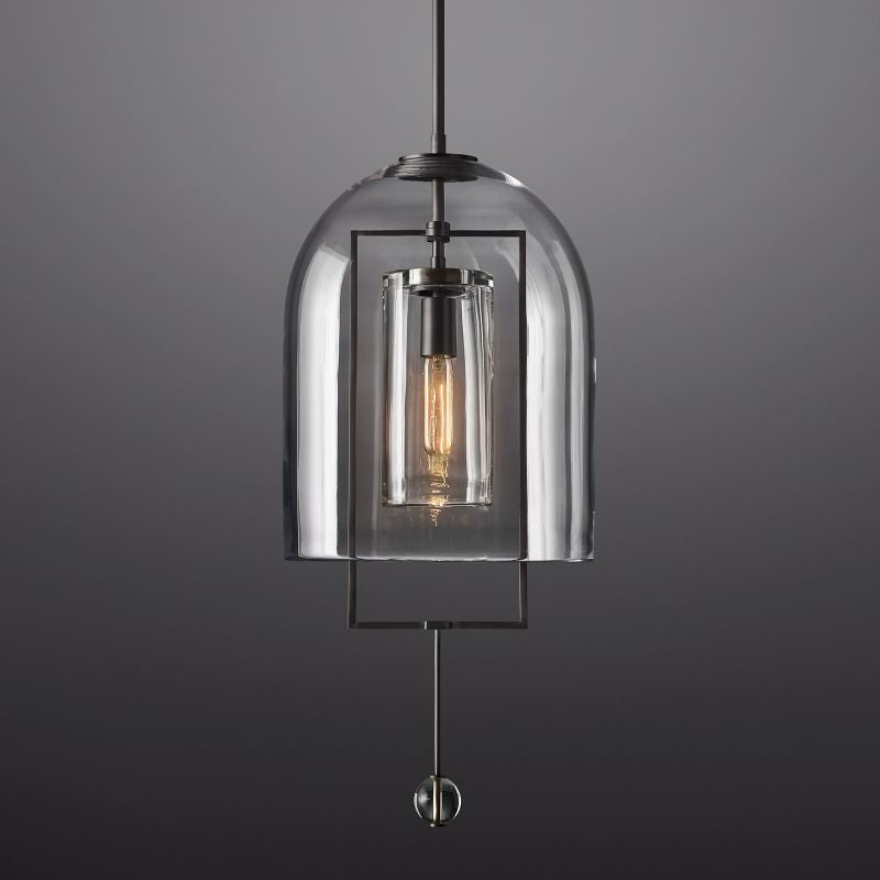 Art deco pendant lamp with glass dome shade and metal frame