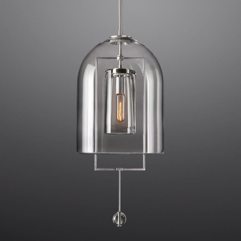 Art deco pendant lamp with glass dome shade and metal frame