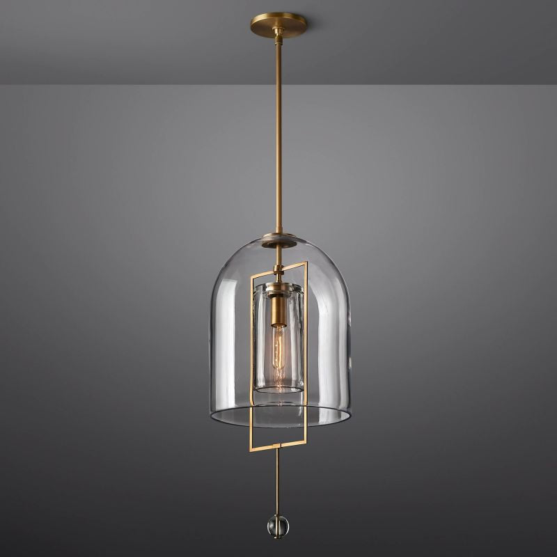 Art deco pendant lamp with glass dome shade and metal frame