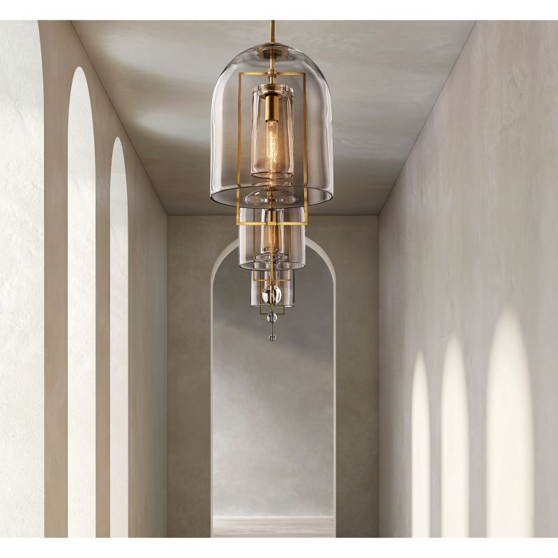 Art deco pendant lamp with glass dome shade and metal frame