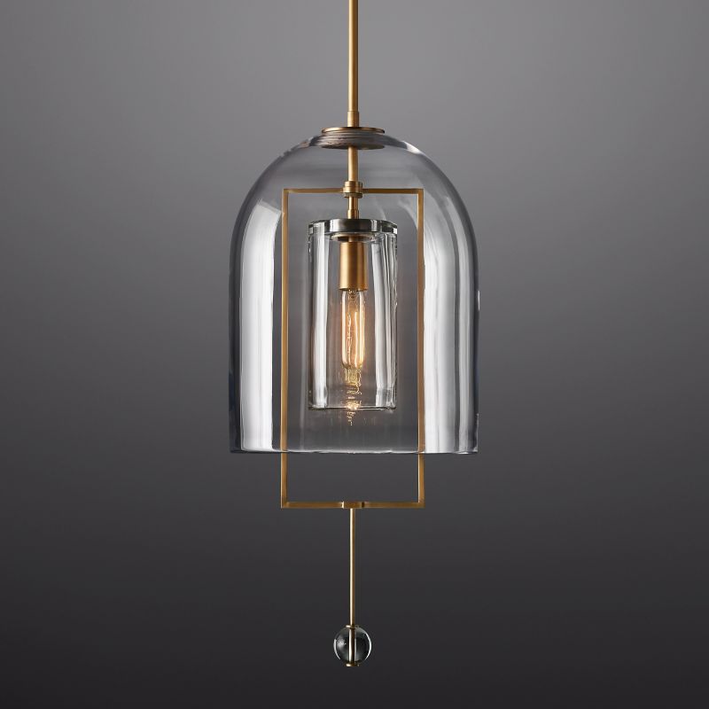 Art deco pendant lamp with glass dome shade and metal frame