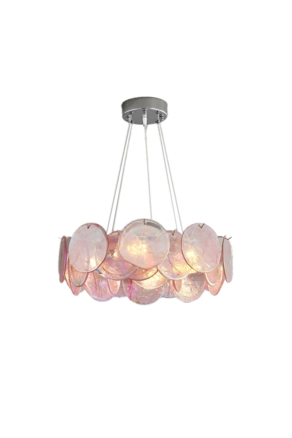 Art deco pendant light with iridescent glass discs and round chrome ring frame