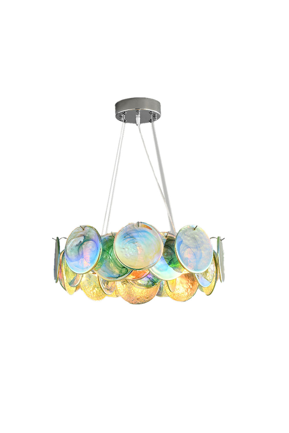 Art deco pendant light with iridescent glass discs and round chrome ring frame