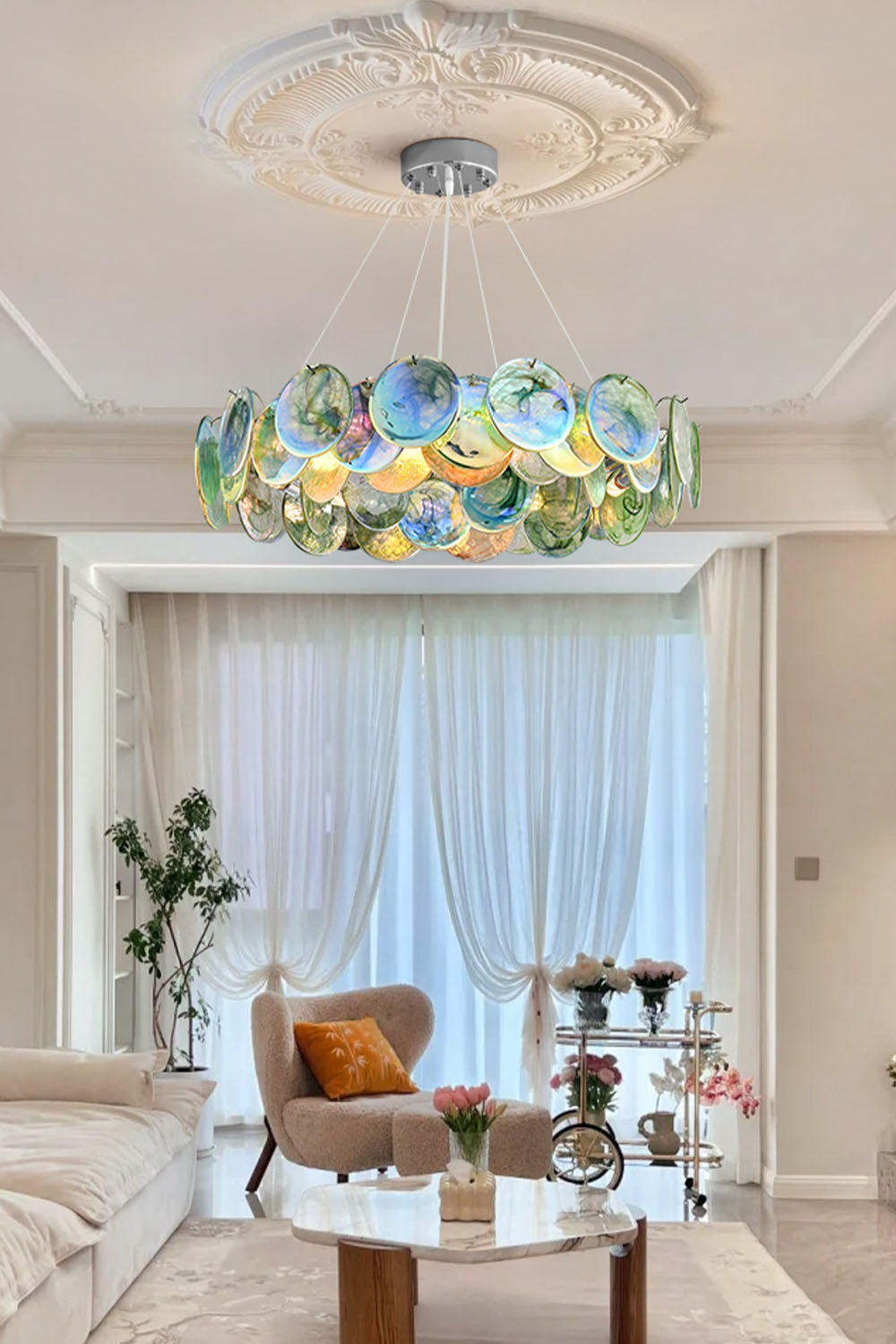 Art deco pendant light with iridescent glass discs and round chrome ring frame