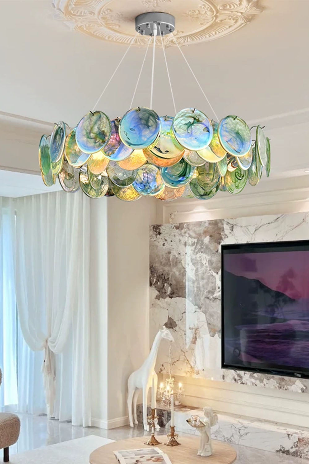 Art Deco Pendant Light | Iridescent Glass Discs, Chrome, E14