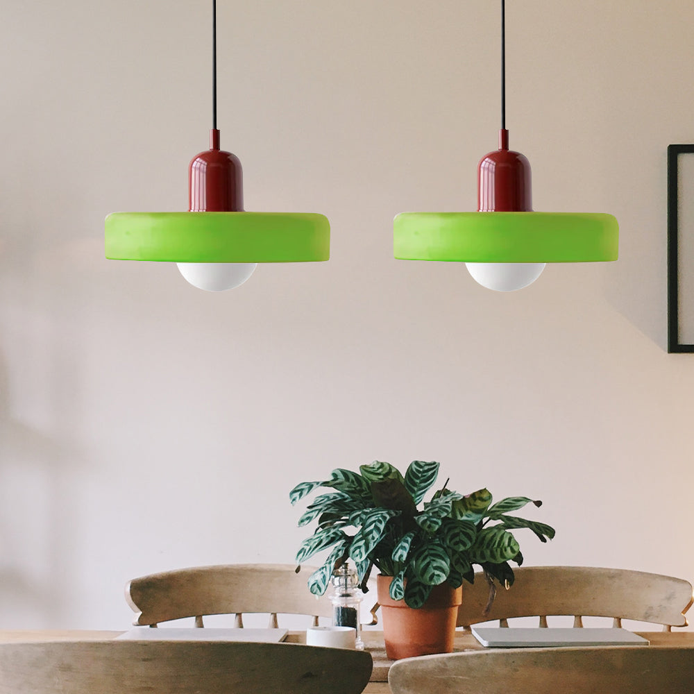 Pendant light Bauhaus with two colored glass shades, adjustable height, modern retro style