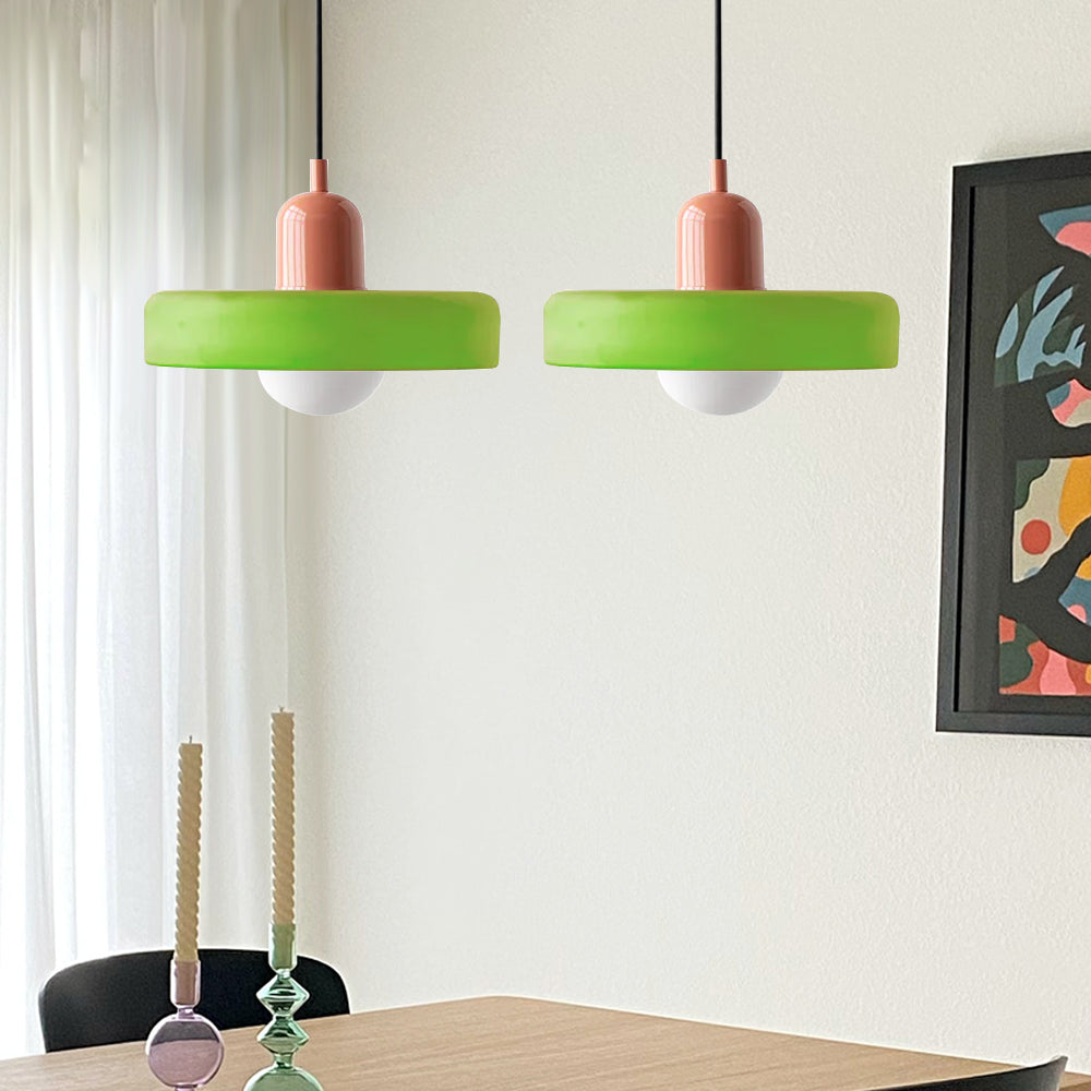 Pendant light Bauhaus with two colored glass shades, adjustable height, modern retro style