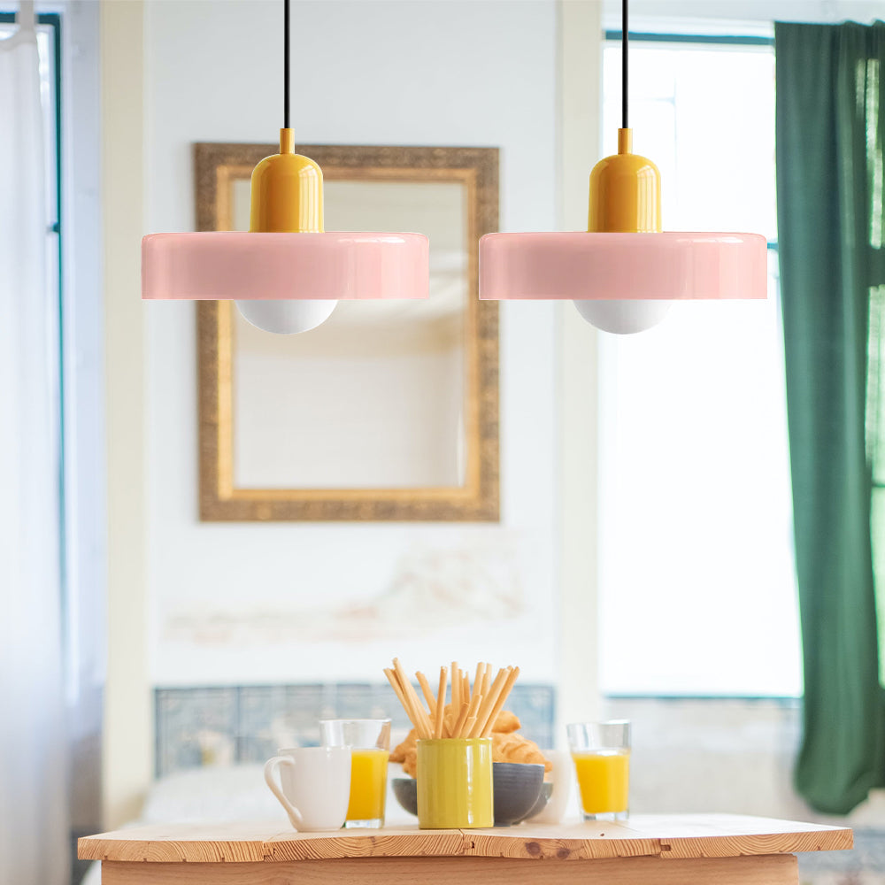 Pendant light Bauhaus with two colored glass shades, adjustable height, modern retro style