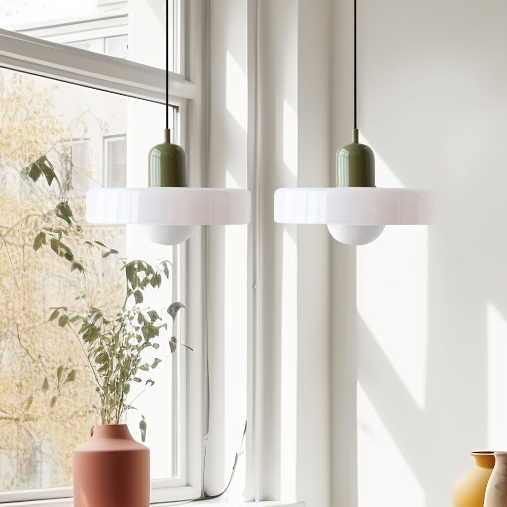 Pendant light Bauhaus with two colored glass shades, adjustable height, modern retro style