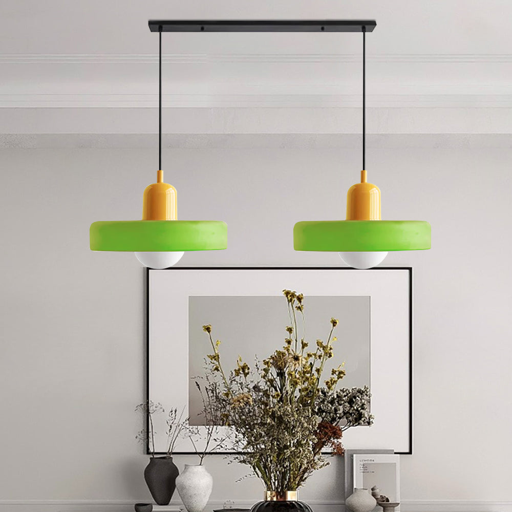 Pendant light Bauhaus with two colored glass shades, adjustable height, modern retro style