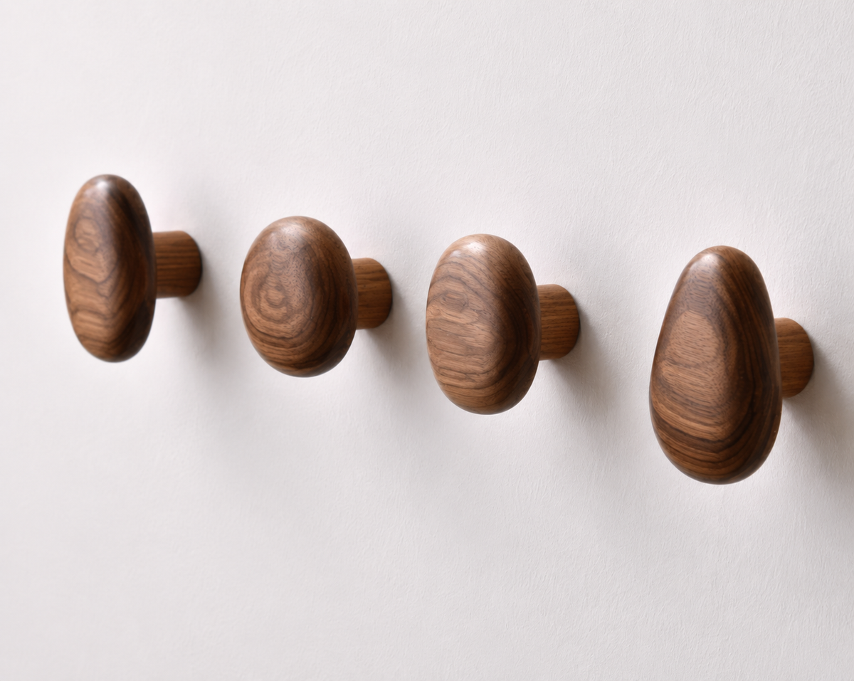 Wooden wall hooks set pebble shape, set of 4, coat and bag hanger, walnut or beech
