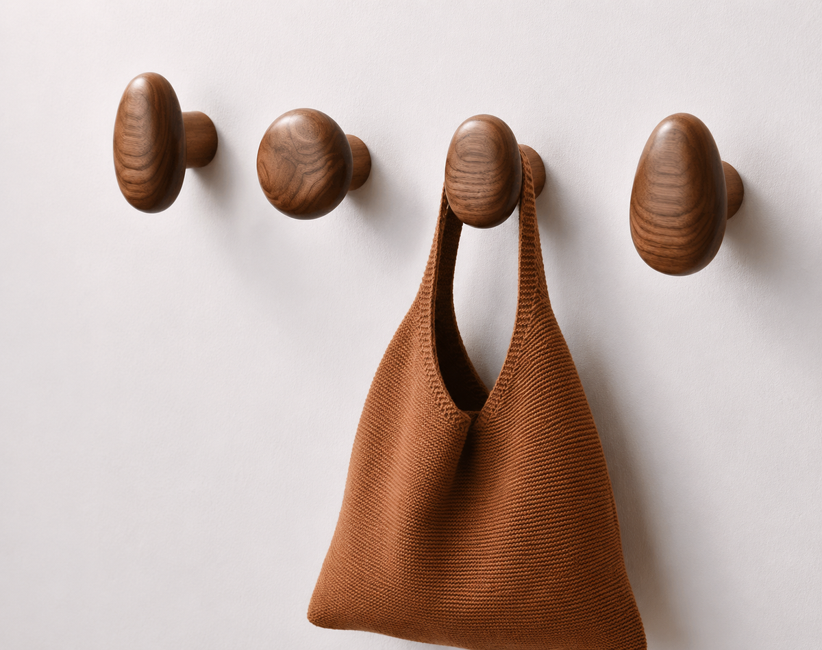 Wooden wall hooks set pebble shape, set of 4, coat and bag hanger, walnut or beech