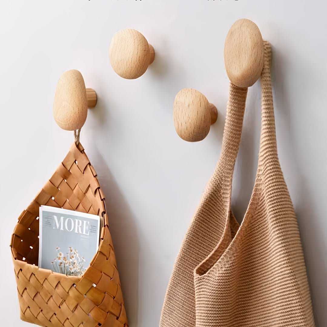 Wooden wall hooks set pebble shape, set of 4, coat and bag hanger, walnut or beech