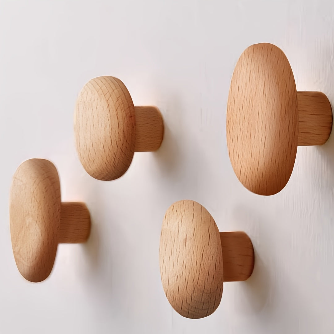 Wooden wall hooks set pebble shape, set of 4, coat and bag hanger, walnut or beech