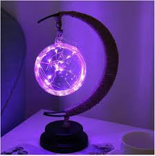 Moon lamp LED geometric ball battery powered with gold metal crescent for bedside use