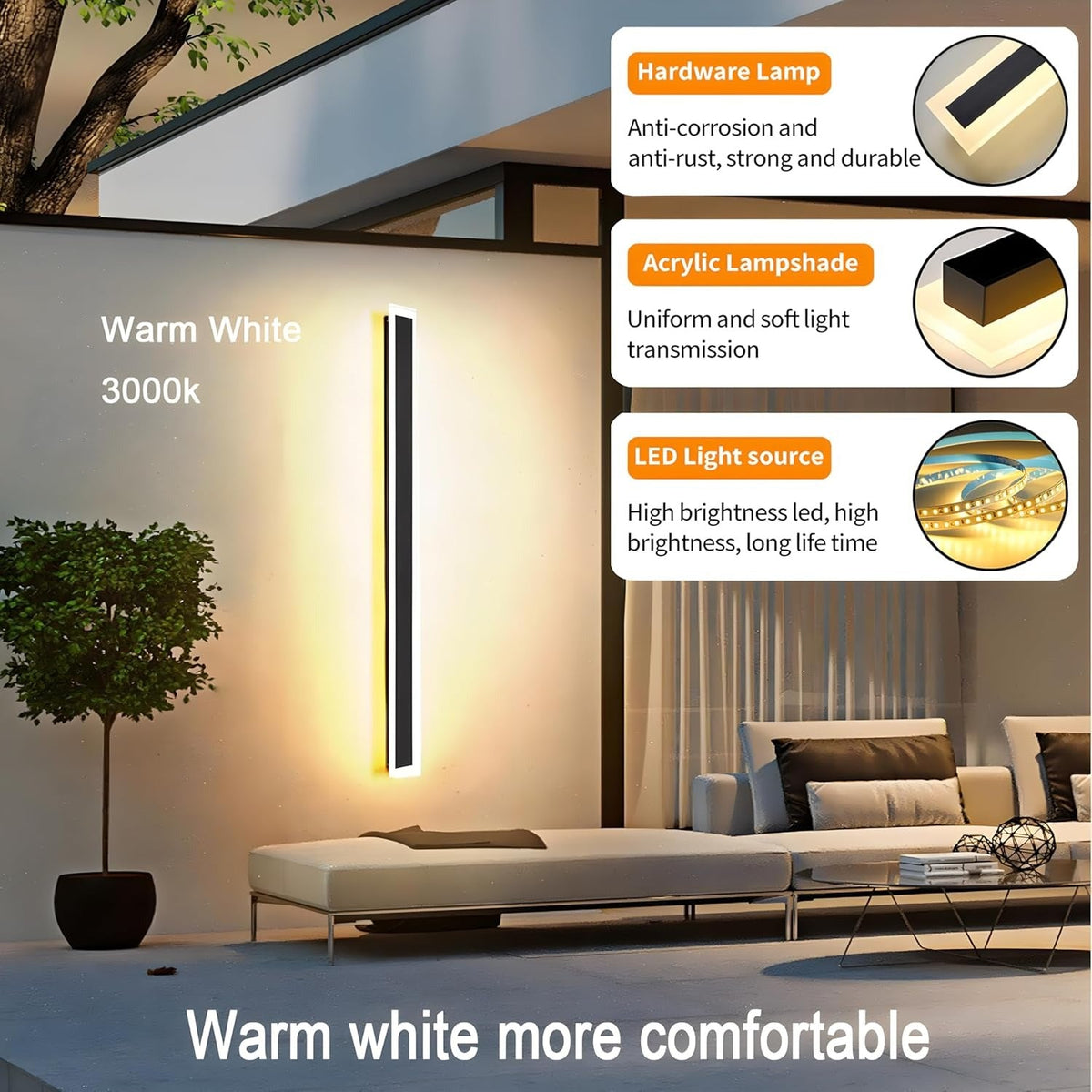 Linear outdoor wall light IP65 black LED strip design, 8cm wide, multiple heights