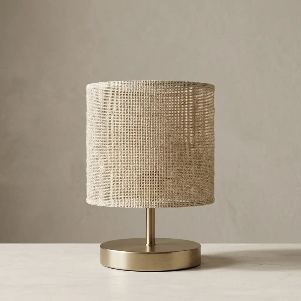 Table lamp with natural fabric cylinder shade and brass finish metal base, warm diffused light