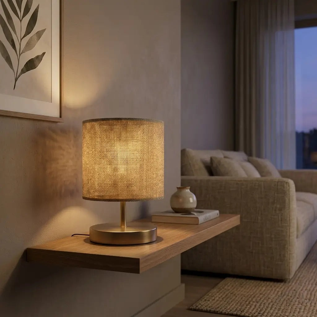 Table lamp with natural fabric cylinder shade and brass finish metal base, warm diffused light