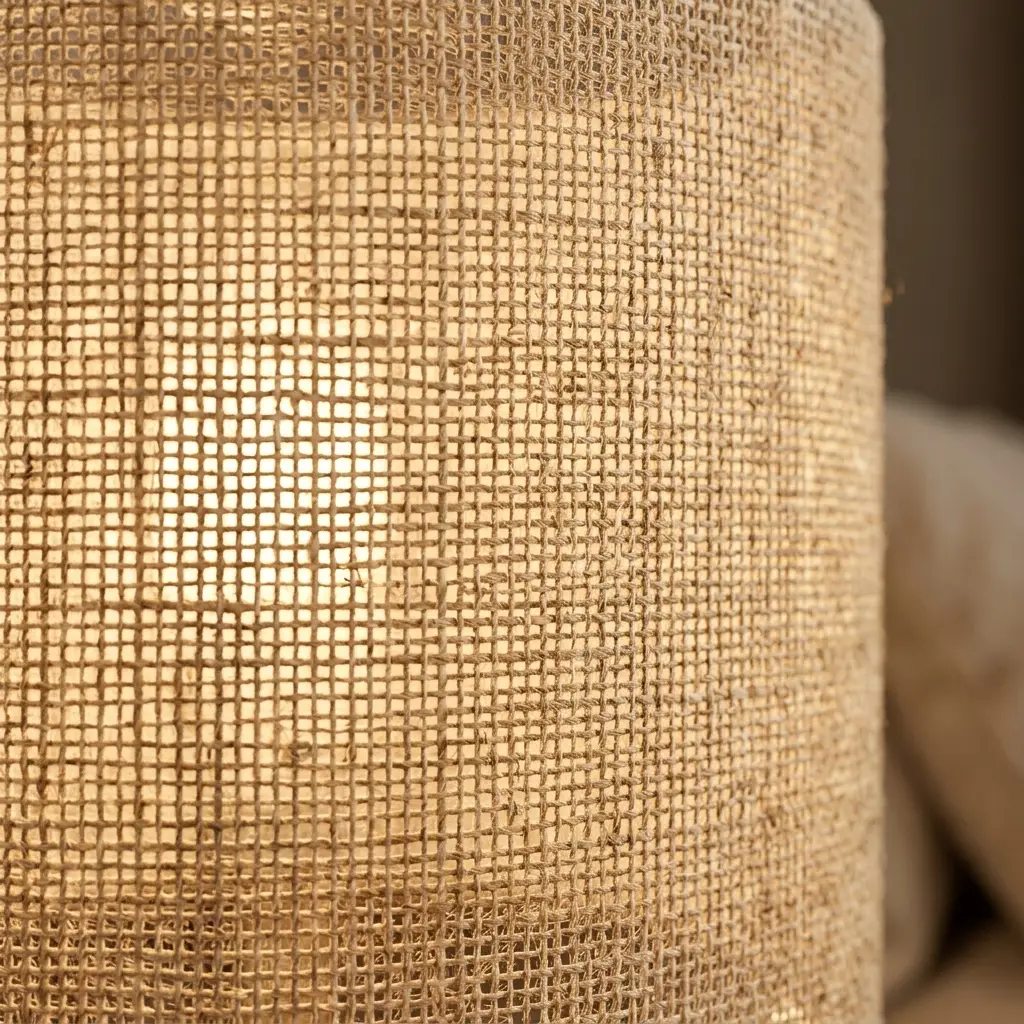 Table lamp with natural fabric cylinder shade and brass finish metal base, warm diffused light