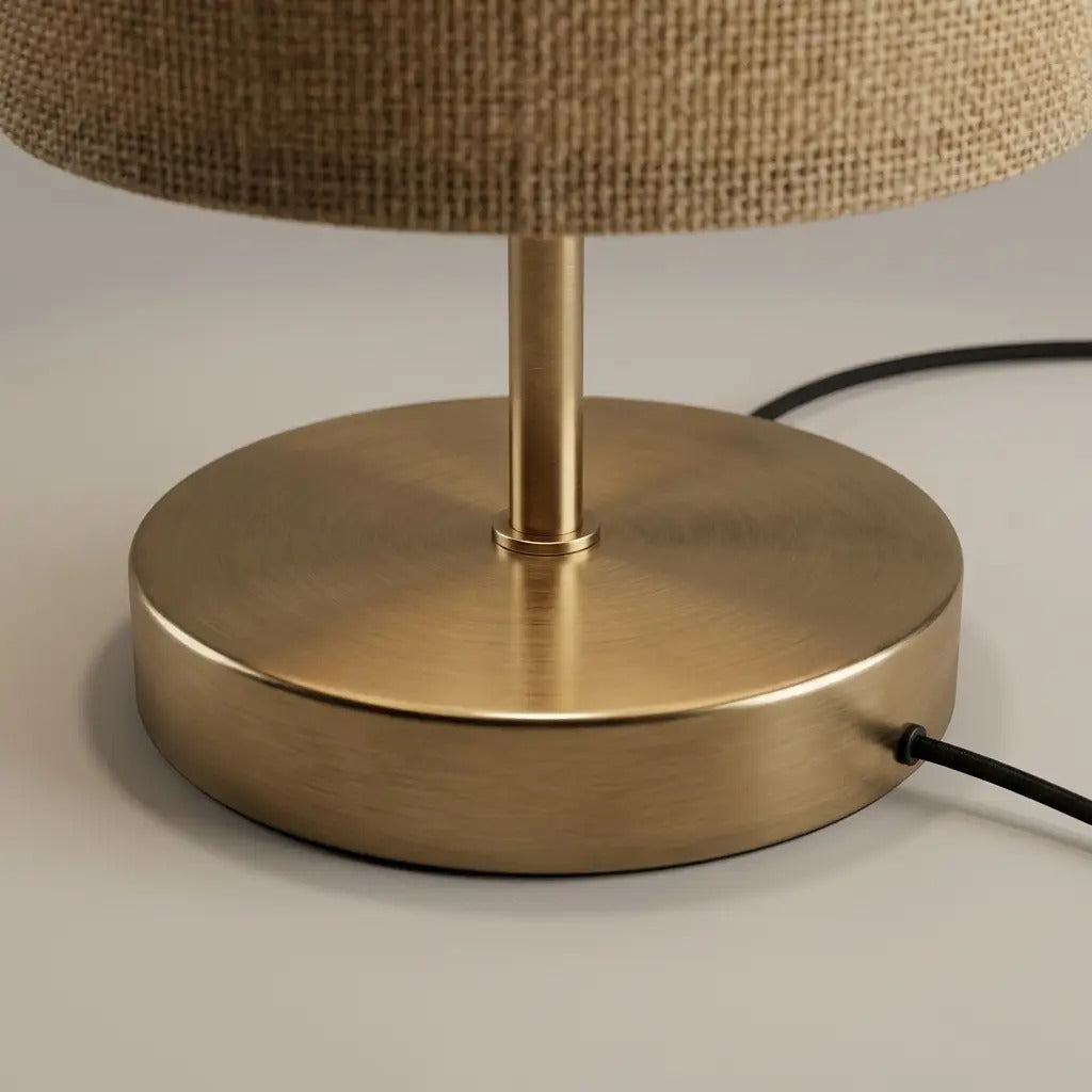 Table lamp with natural fabric cylinder shade and brass finish metal base, warm diffused light