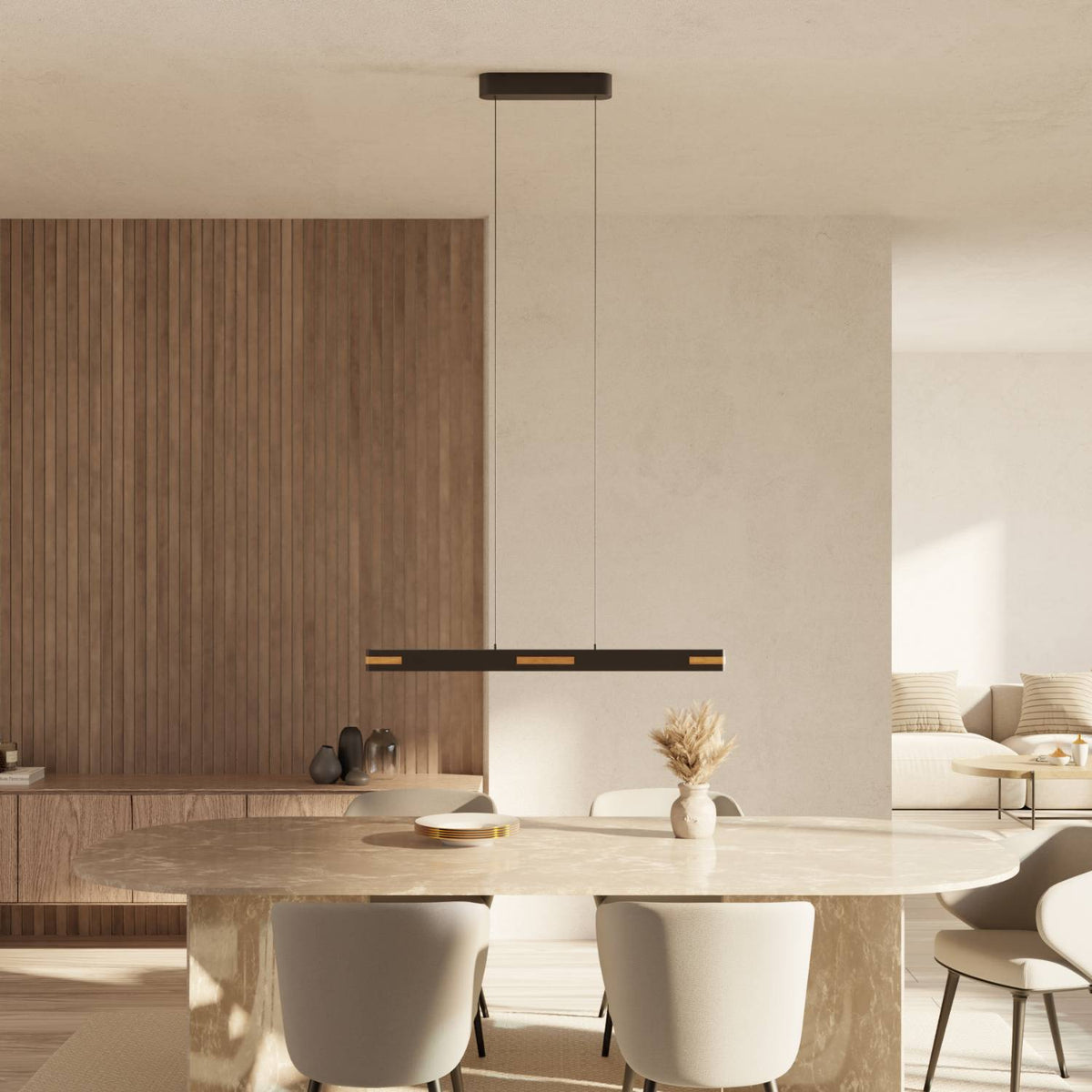 Linear pendant light black oak wood, dining room, minimalist design