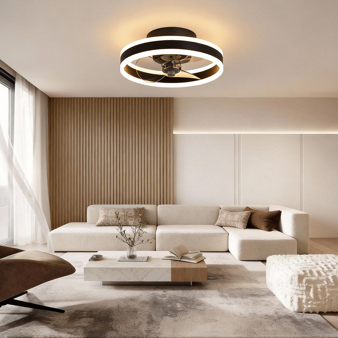 DC ceiling fan with LED light in gold, dimmable 2700K-6500K, modern flush mount design