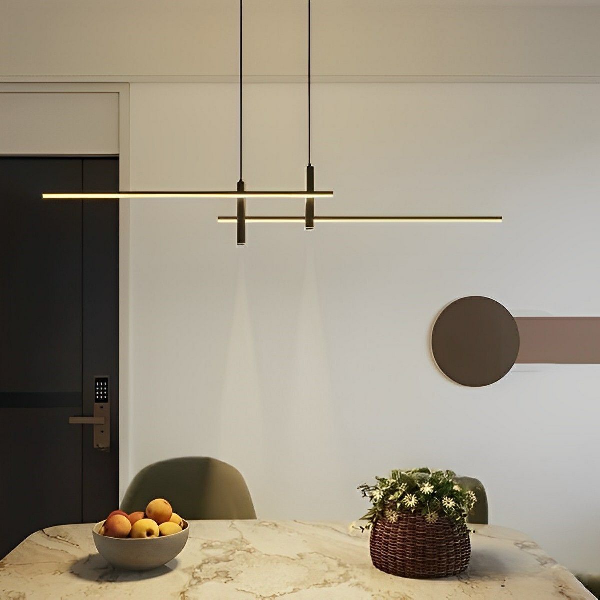 LED pendant light modern minimalist linear strip in black and gold finish, dimmable