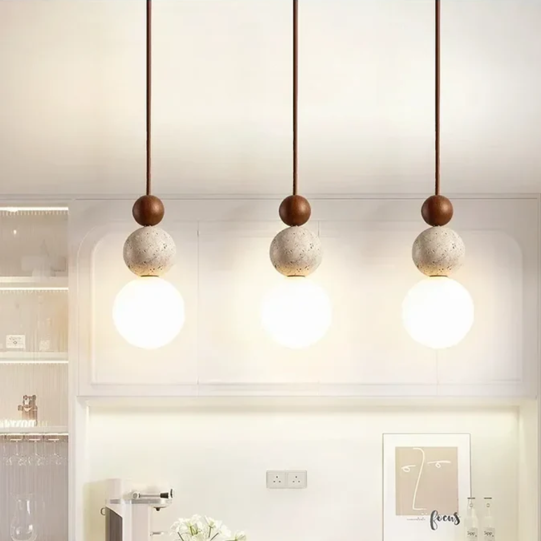 Pendant light with travertine and mahogany, modern natural style ceiling lamp