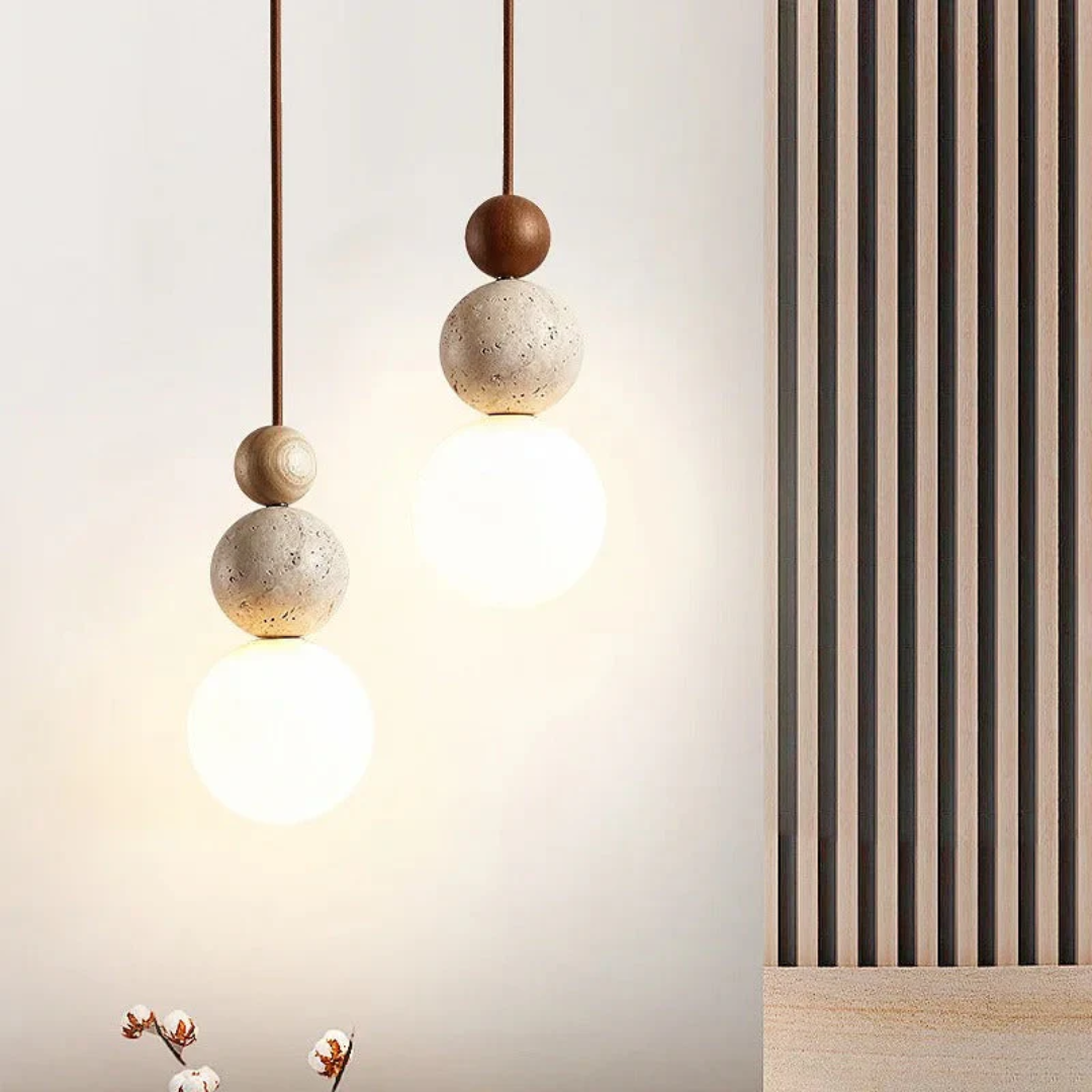 Pendant light with travertine and mahogany, modern natural style ceiling lamp