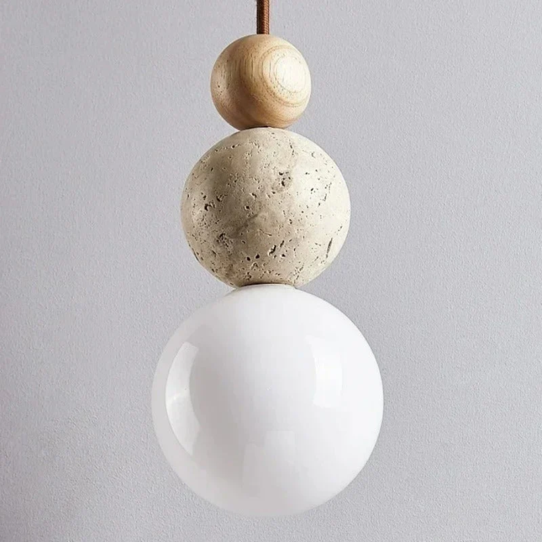Pendant light with travertine and mahogany, modern natural style ceiling lamp