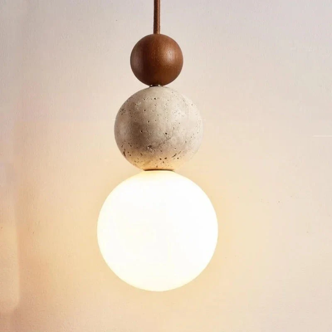 Pendant light with travertine and mahogany, modern natural style ceiling lamp