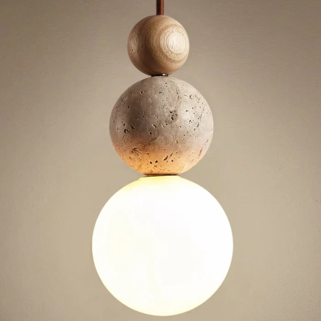 Pendant light with travertine and mahogany, modern natural style ceiling lamp