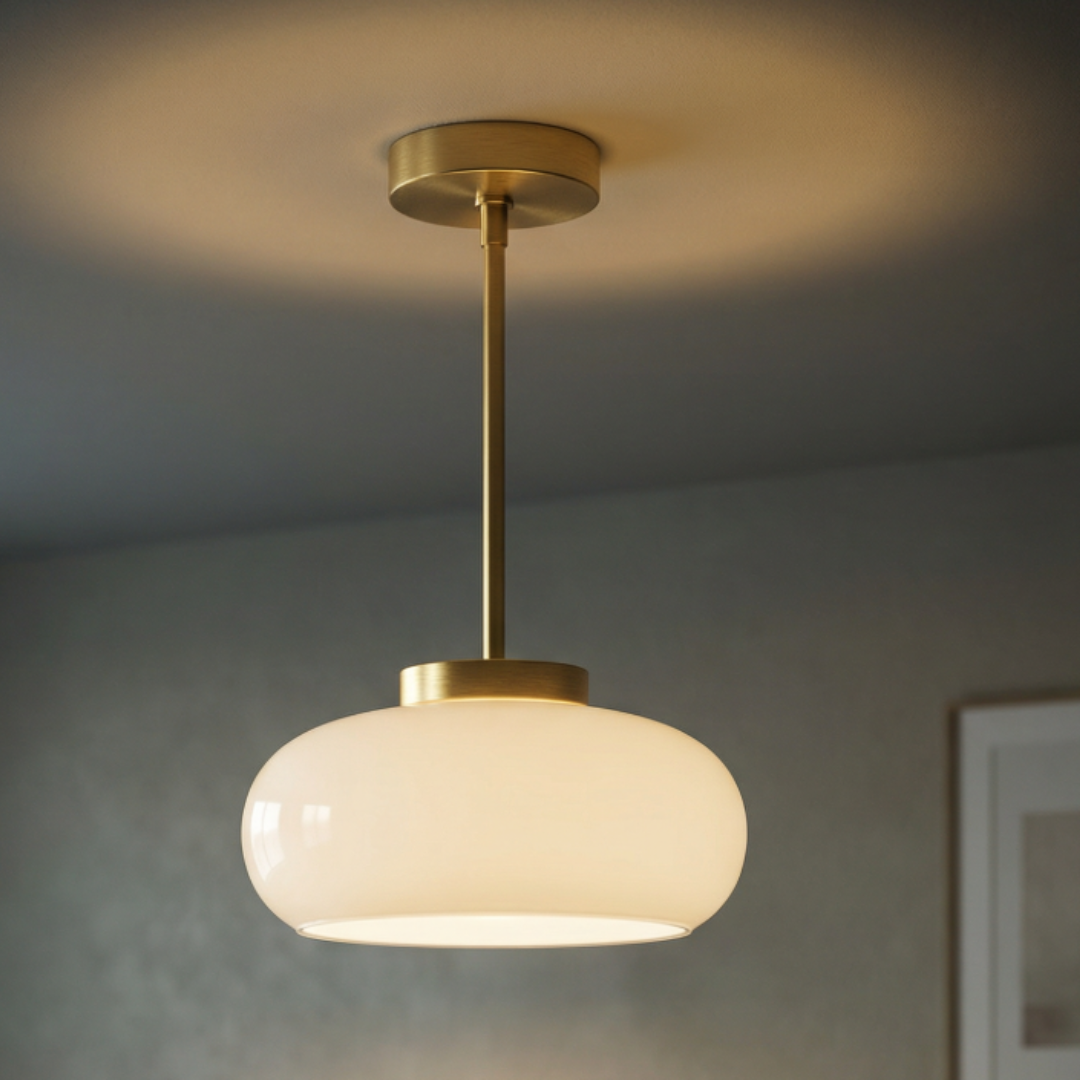 Flush mount ceiling light with vintage amber glass shade and brass canopy, E27 pendant