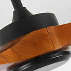 Outdoor ceiling fan with wood blades, IP65 rated, matte black motor, remote control
