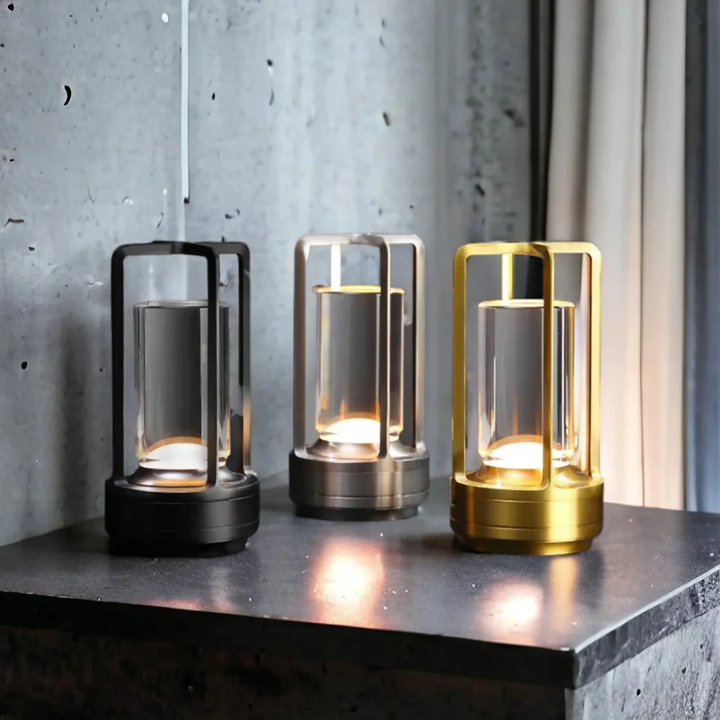 Wireless LED table lamp Scandinavian design with touch dimmer, crystal shade and metal cage