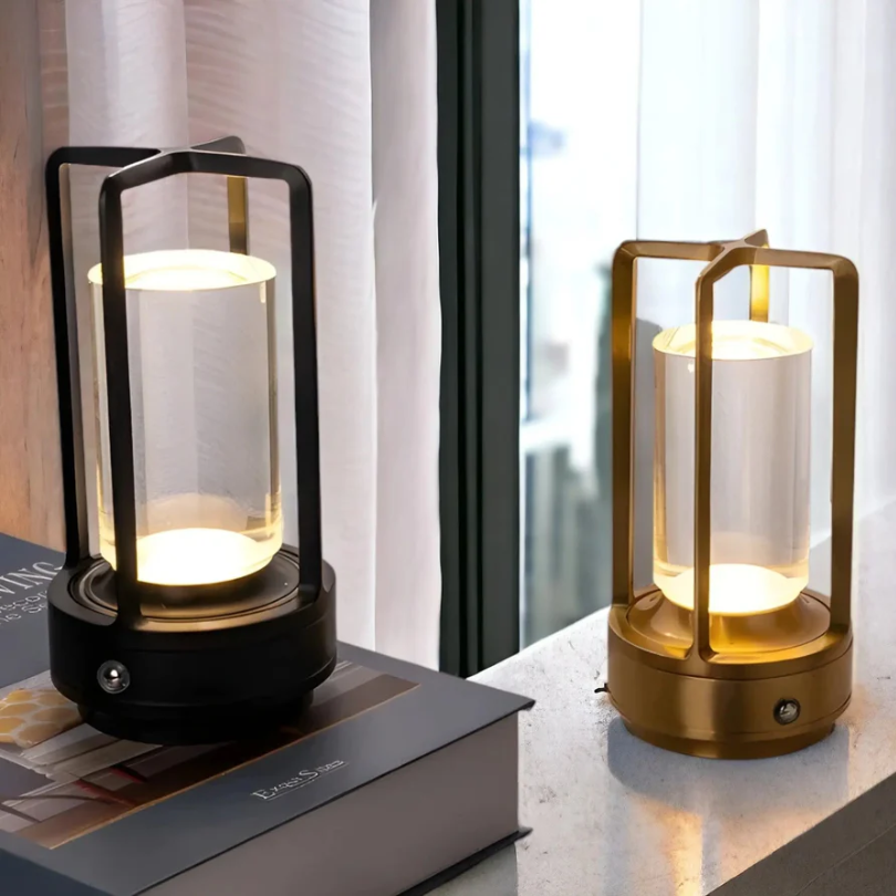 Wireless LED table lamp Scandinavian design with touch dimmer, crystal shade and metal cage
