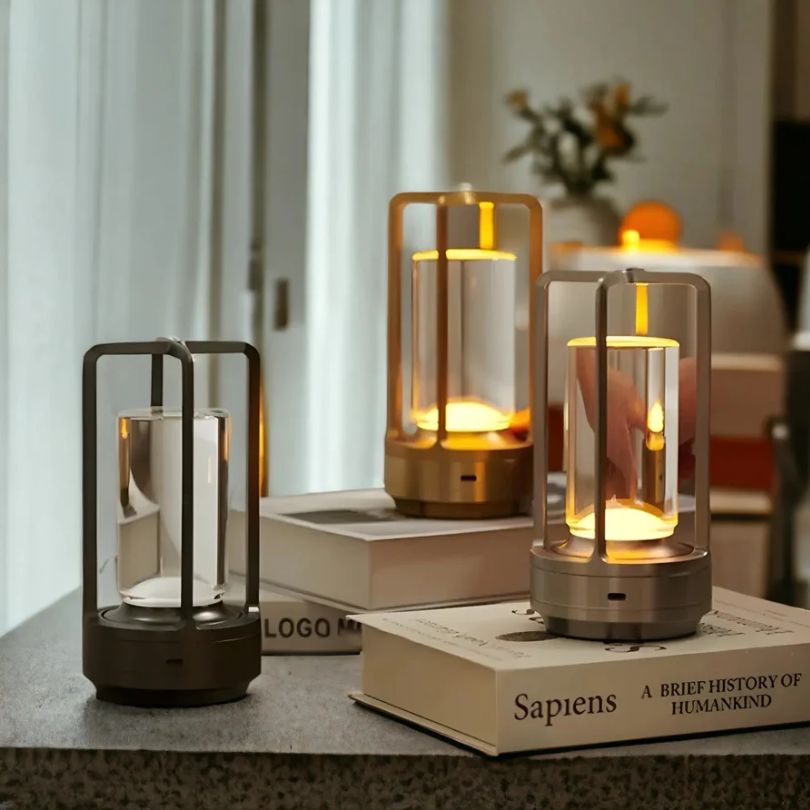 Wireless LED table lamp Scandinavian design with touch dimmer, crystal shade and metal cage