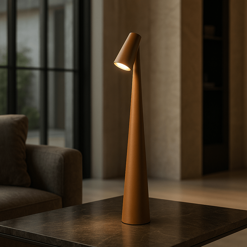 Rechargeable table lamp with cordless dimmable LED and metal and glass design