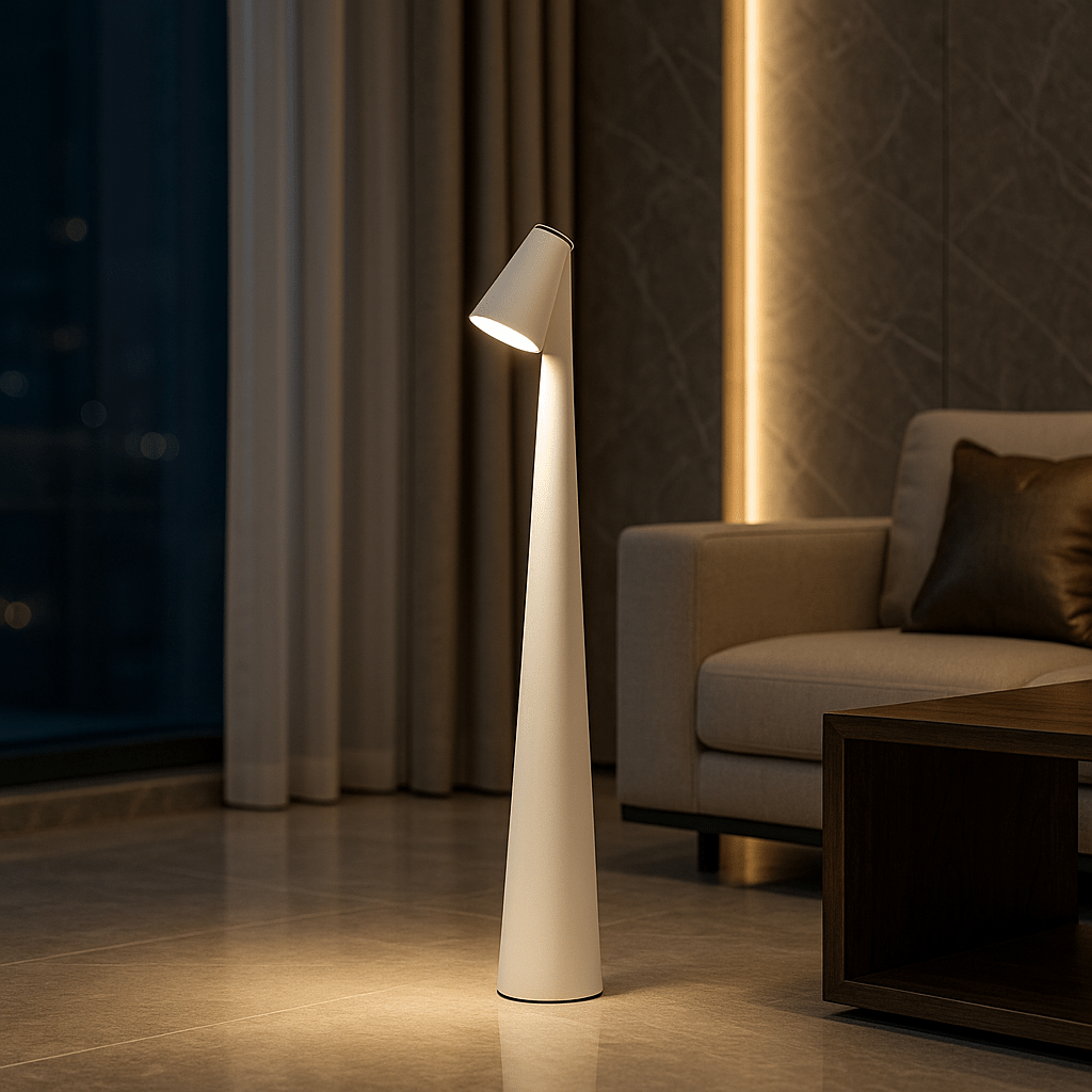 Rechargeable table lamp with cordless dimmable LED and metal and glass design