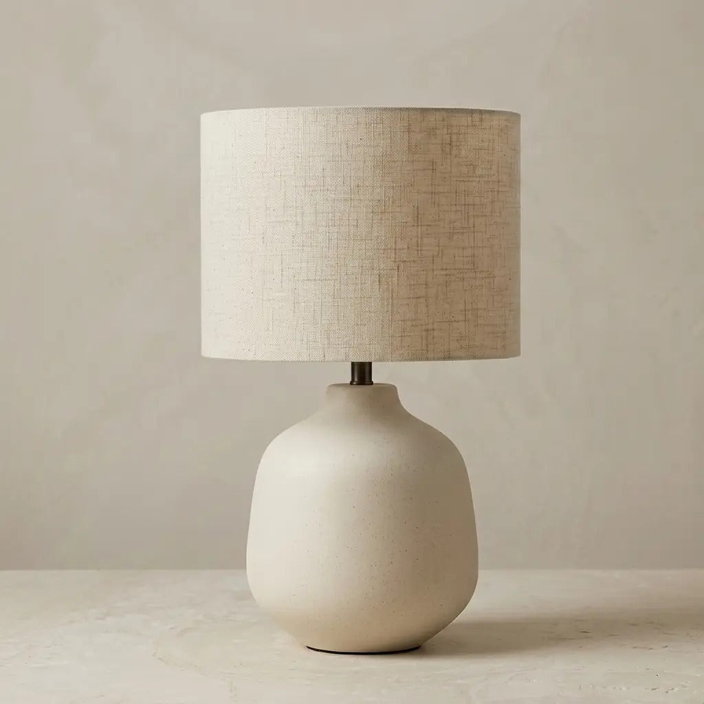 Ceramic Table Lamp | Ivory, Cylindrical Fabric Shade | Warm Light