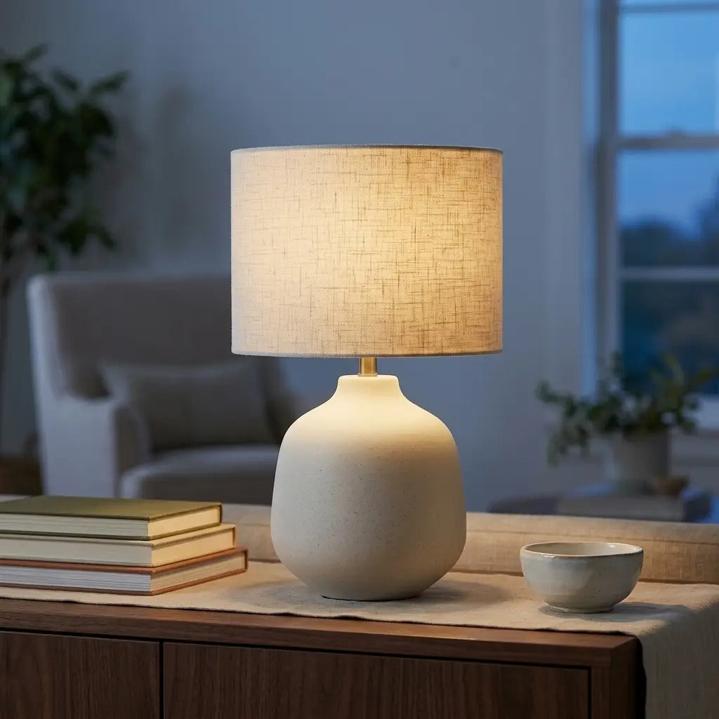 Ceramic Table Lamp | Ivory, Cylindrical Fabric Shade | Warm Light