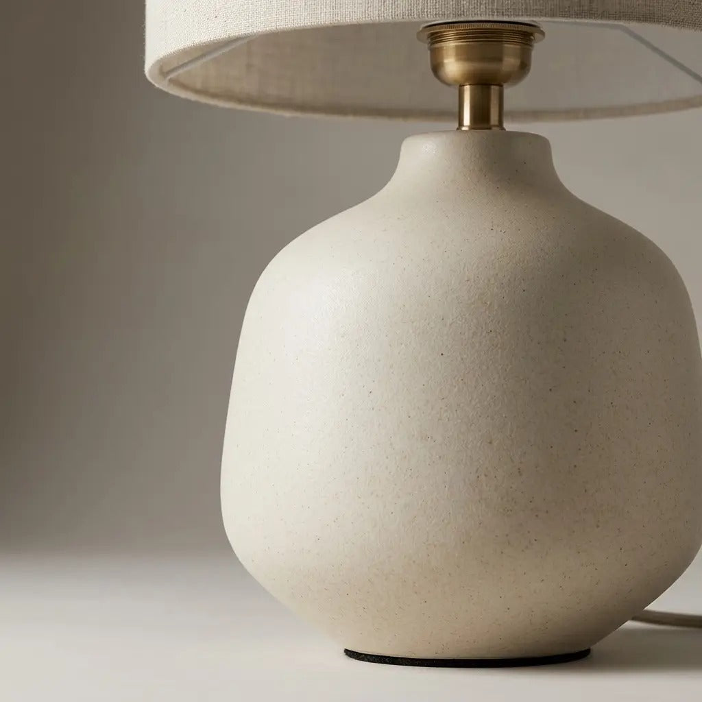 Ceramic Table Lamp | Ivory, Cylindrical Fabric Shade | Warm Light