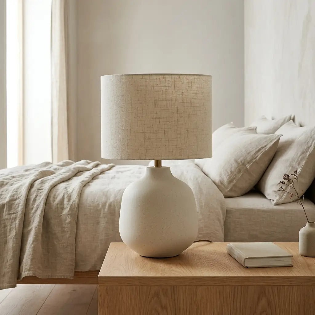 Ceramic Table Lamp | Ivory, Cylindrical Fabric Shade | Warm Light