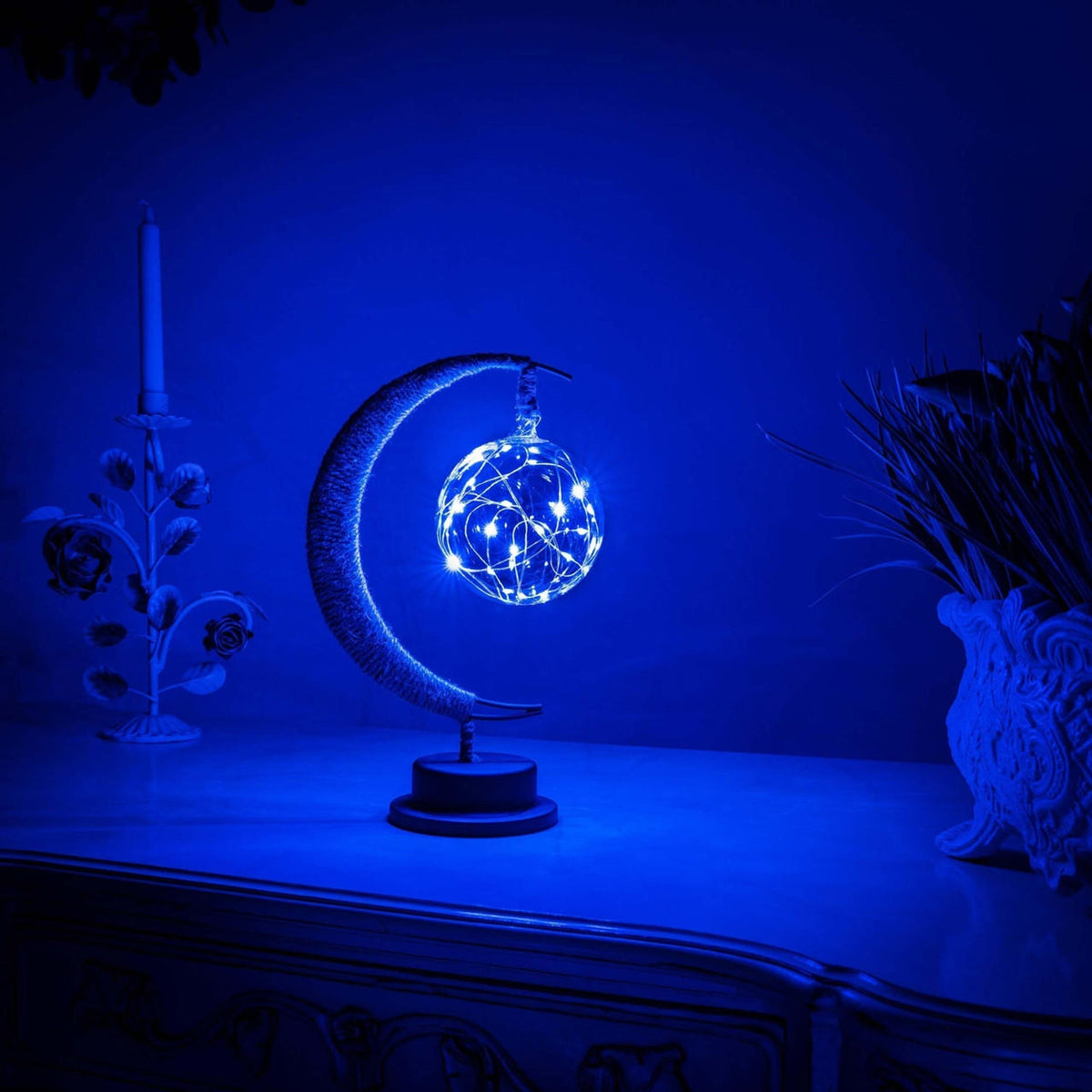 Moon lamp LED geometric ball battery powered with gold metal crescent for bedside use