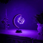 Moon lamp LED geometric ball battery powered with gold metal crescent for bedside use