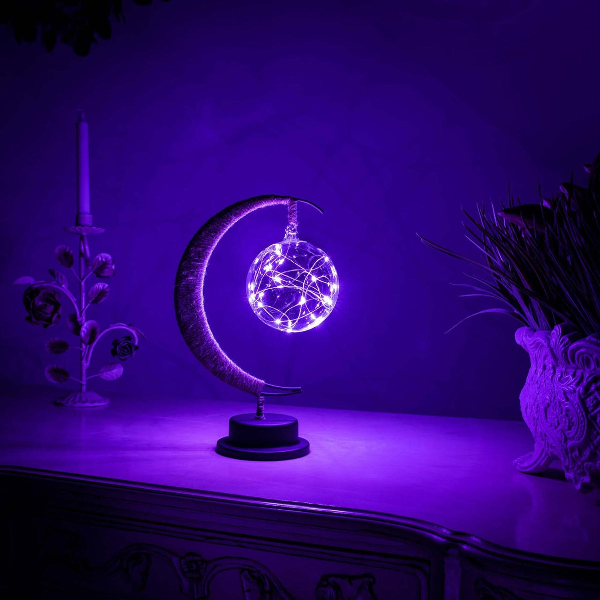 Moon lamp LED geometric ball battery powered with gold metal crescent for bedside use